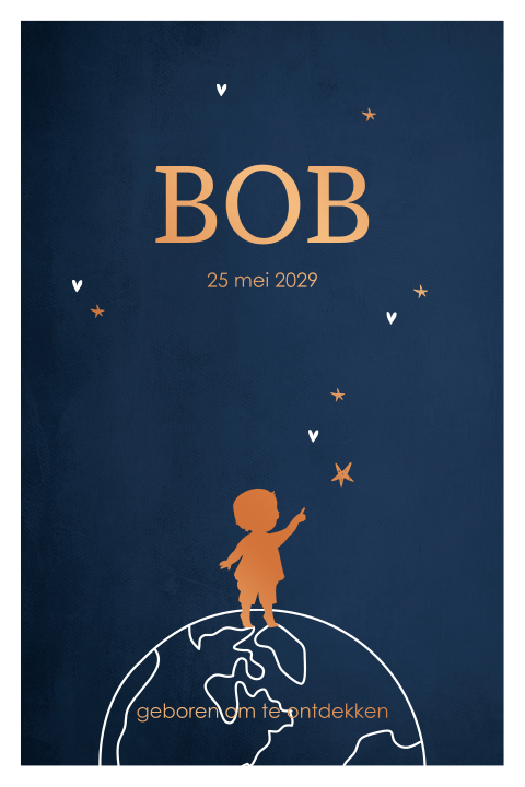 Koperfolie geboortekaartje met wereldbol en sterren voor een jongen