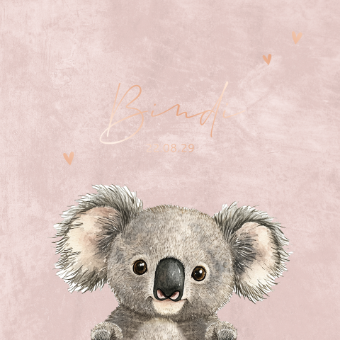 Roze geboortekaartje met schattige koala