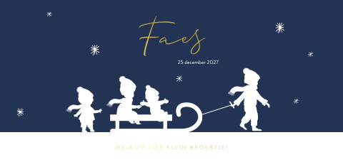Goudfolie winter geboortekaartje slee met vier kindjes