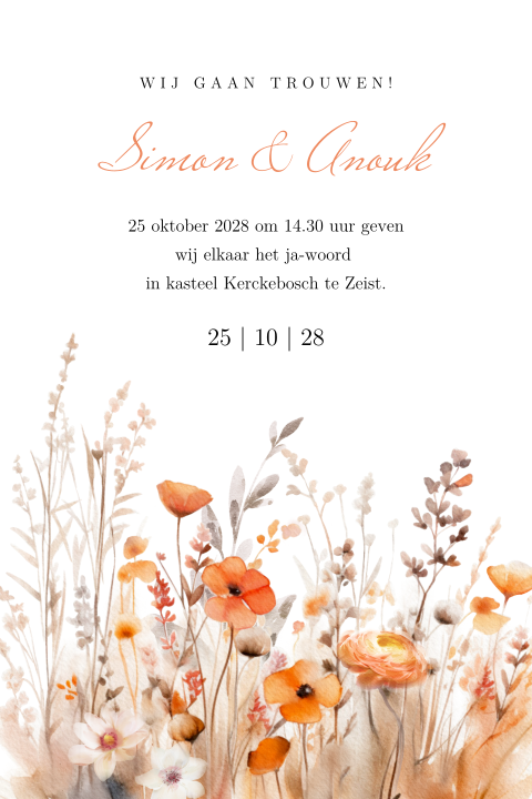 Herfst trouwkaart met herfstbloemen en klaprozen