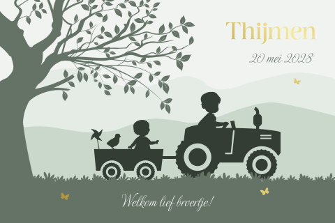 Geboortekaart tractor met grote broer en baby broertje in kar