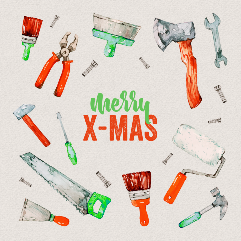 Kerstkaart met groen en rood gereedschap