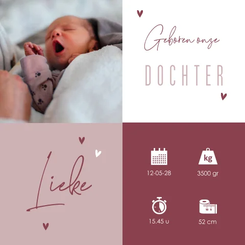 Foto geboortekaartje meisje met geboortegegevens