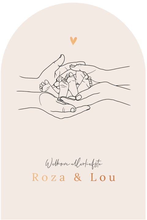 Tweeling geboortekaartje met lijntekening handen en voetjes