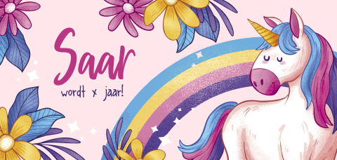 Roze uitnodiging kinderfeest met unicorn en regenboog