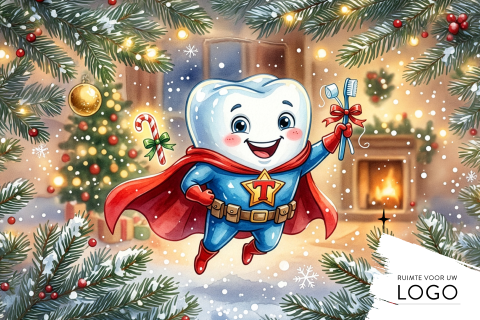 Kerstkaart voor tandartsen met superhelden tand