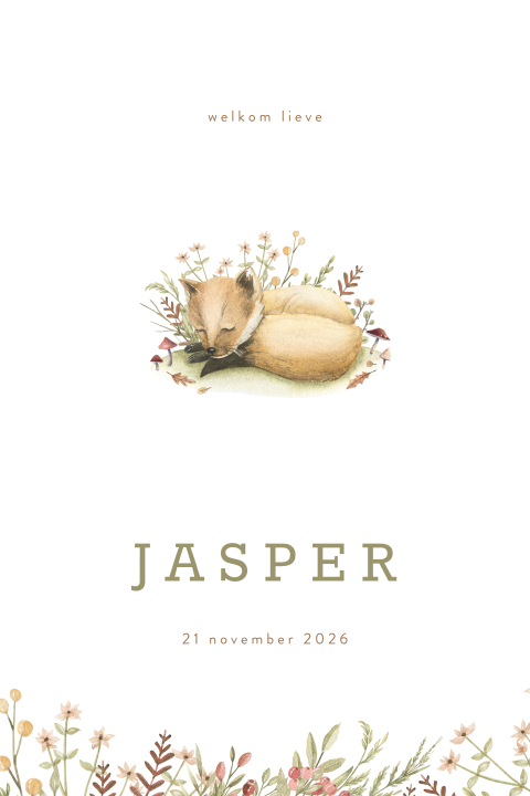 Herfst geboortekaartje jongen met vosje en takjes