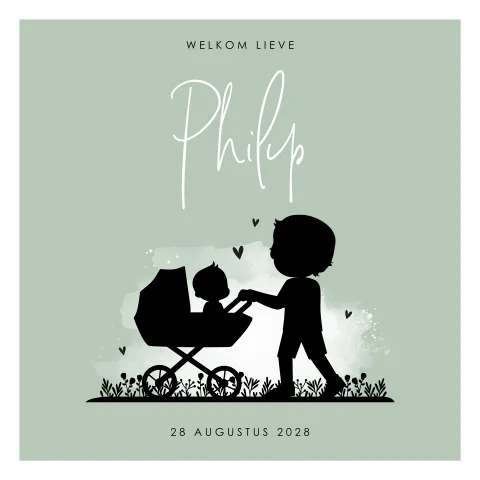 Silhouet geboortekaartje met broer en kinderwagen met baby jongen