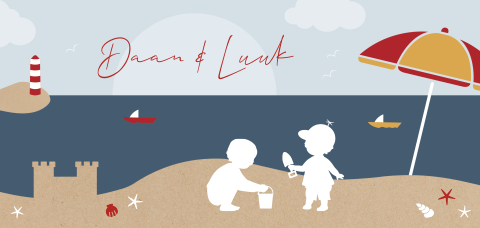 Tweeling geboortekaartje met silhouet jongens op strand