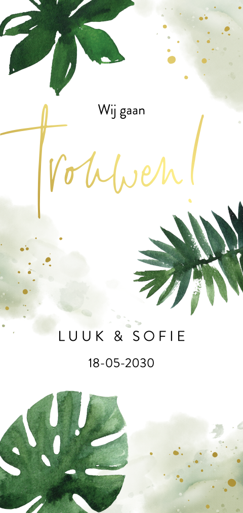 Trendy trouwkaart met goudfolie en tropische groene bladeren