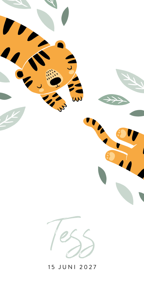 Speels geboortekaartje meisje met groene blaadjes en tijger