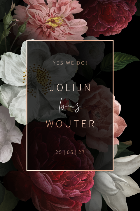 Zwarte trouwkaart met stijlvolle bloemen en rosegoudfolie
