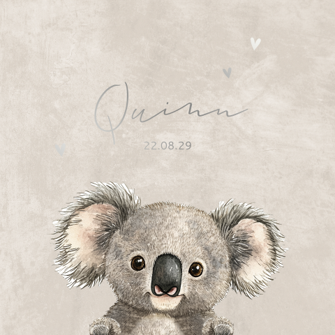 Grijs geboortekaartje met lieve koala