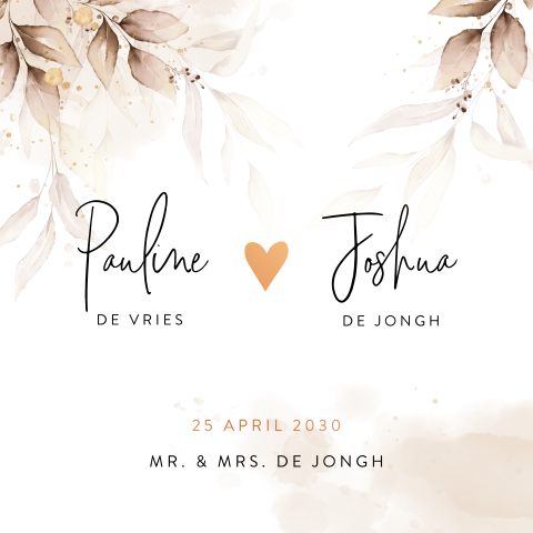 Trouwkaart met beige bladeren en hartje in goudfolie