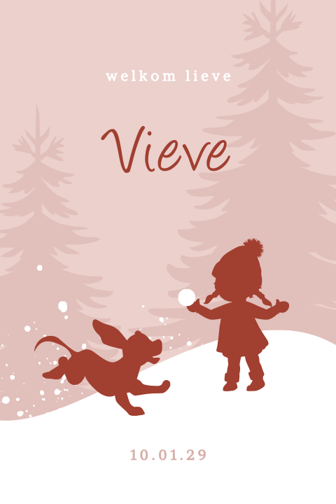 Winter silhouet geboortekaartje met meisje en hond