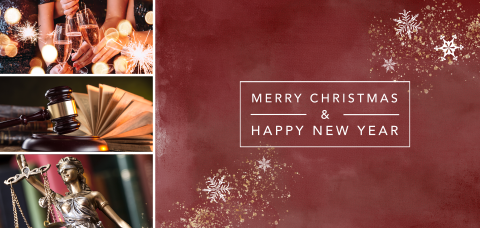 Donkerrode kerstkaart met foto's advocatuur en spetters