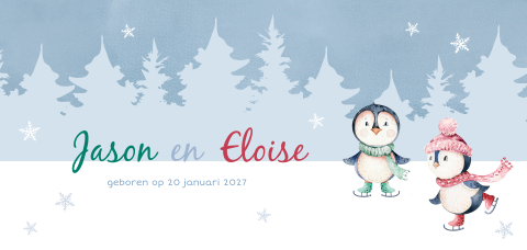Tweeling geboortekaartje met schaatsende pinguin jongen en meisje