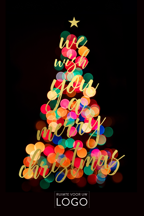 Zwarte kerstkaart kerstboom met lichtbollen en quote in goudfolie