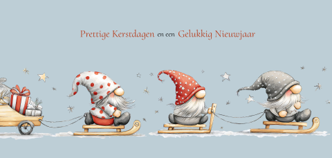 Winterse kerstkaart met kerstkabouters op slee
