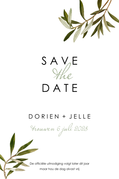 Moderne save the date kaart met olijfbladeren