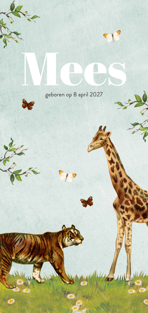 Vintage geboortekaartje met jungle dieren en vlinders