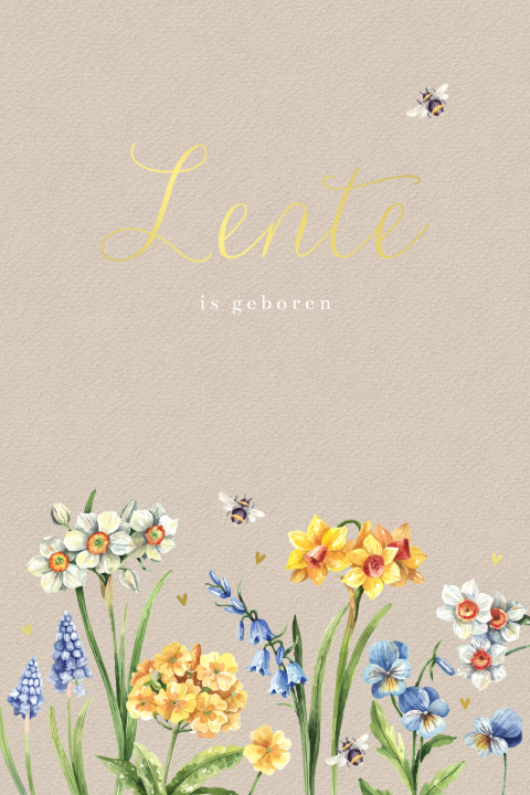 Zand geboortekaartje met voorjaarsbloemen en bijen