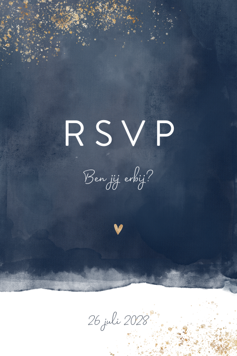 Donkerblauw RSVP kaartje met goudkleurige spetters