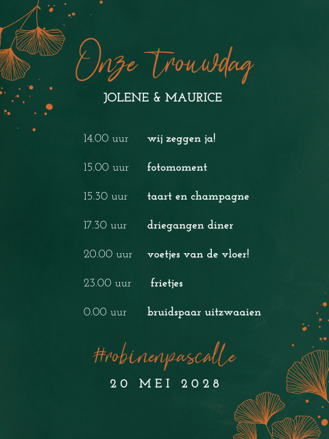 Bruiloftsbord met programma en gingko bladeren