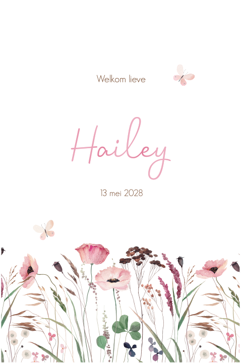 Wilde bloemen geboortekaartje met vlinder en hoogglans