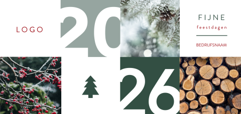 Grafische kerstkaart groen met diverse foto's en 2026 in vlakken