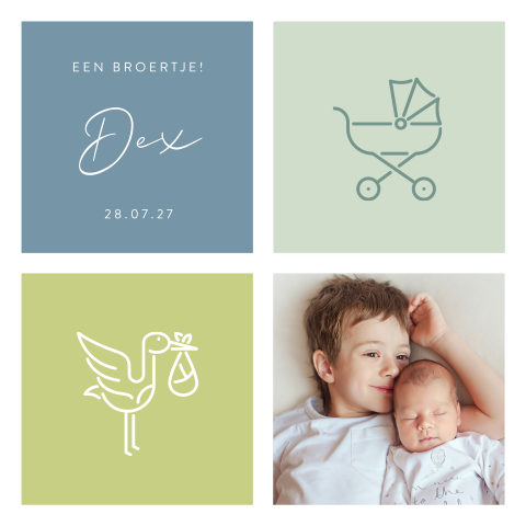 Kleurrijk geboortekaartje met foto broertjes en vlakken