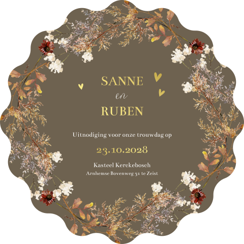 Ronde herfst trouwkaart met takken en bloemen