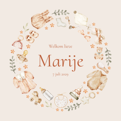 Stijlvol geboortekaartje met baby illustraties in beige tinten