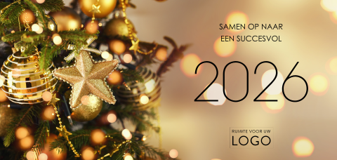 Kerstkaart 2026 met kerstboom en gouden versiering