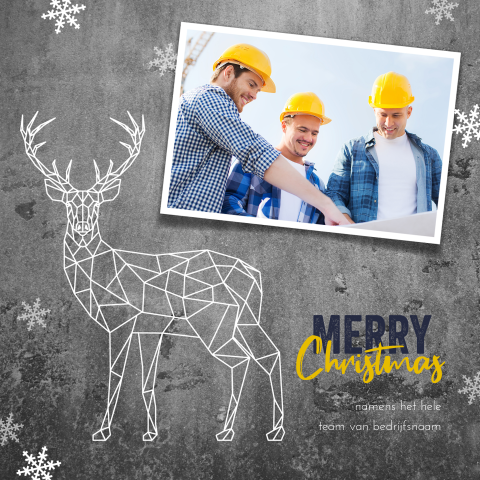 Stoere kerstkaart met foto bouwvakkers, ijssterren en hert