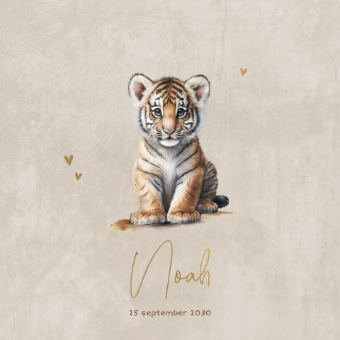 Beige geboortekaartje met baby tijger met naam in matgoud