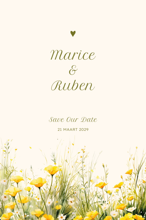 Trouwkaart met gele boterbloemen