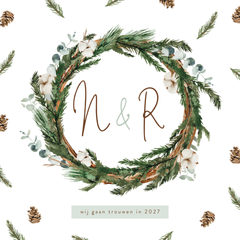 Botanische kerstkaart voor trouwerij met kerstkrans