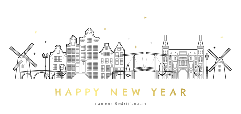Nieuwjaarskaart met Nederlandse skyline en goudfolie