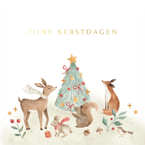 Kerstkaart met bosdieren en kerstboom in aquarelstijl