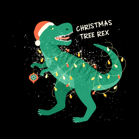 Grappige kerstkaart met T-rex en lichtjes