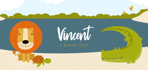 Kleurrijk geboortekaartje voor jongen met leeuw en krokodil