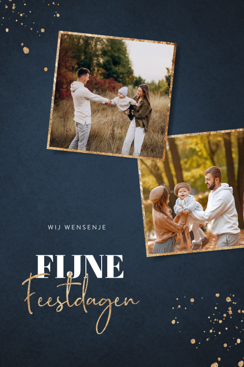 Foto kerstkaart met donkerblauwe achtergrond en goudaccenten
