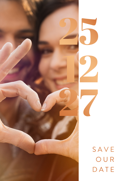 Save the date kaart met foto en grote datum in koperfolie