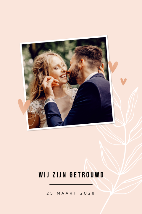 Roze wij zijn getrouwd kaart met foto en bladeren