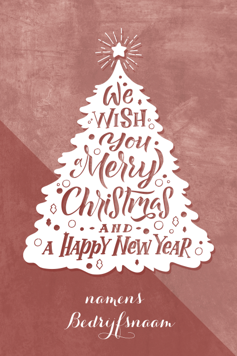 Donkerroze kerstkaart met witte kerstboom en typografie