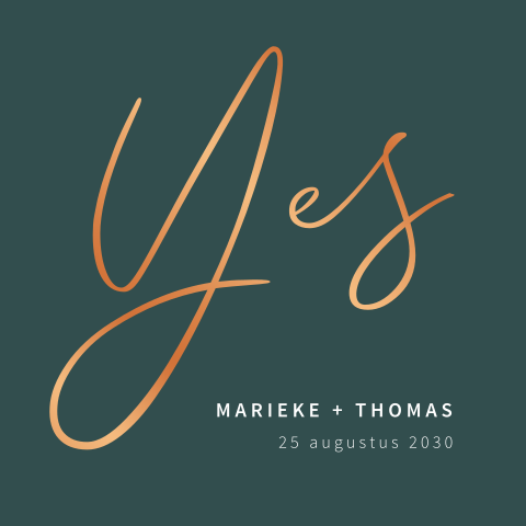 Zeegroene trouwkaart met in koperfolie yes