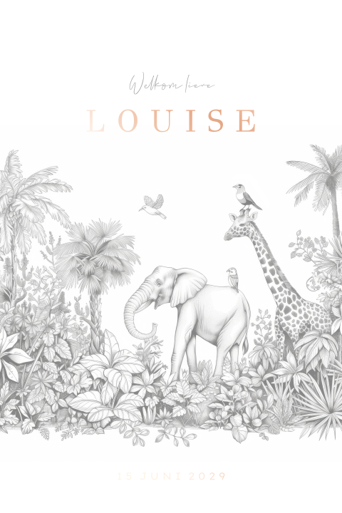Grijs geboortekaartje met jungledieren als olifant en en roségoudfolie