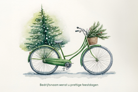 Kerstkaart met groene fiets en kerstboom