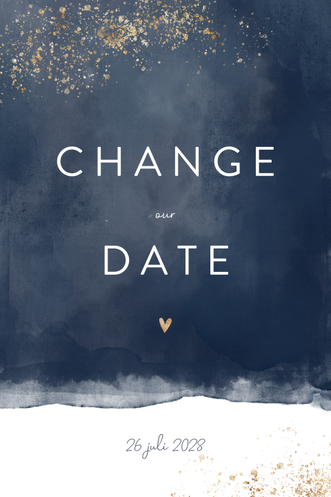 Donkerblauwe change the date kaart met gouden spetters